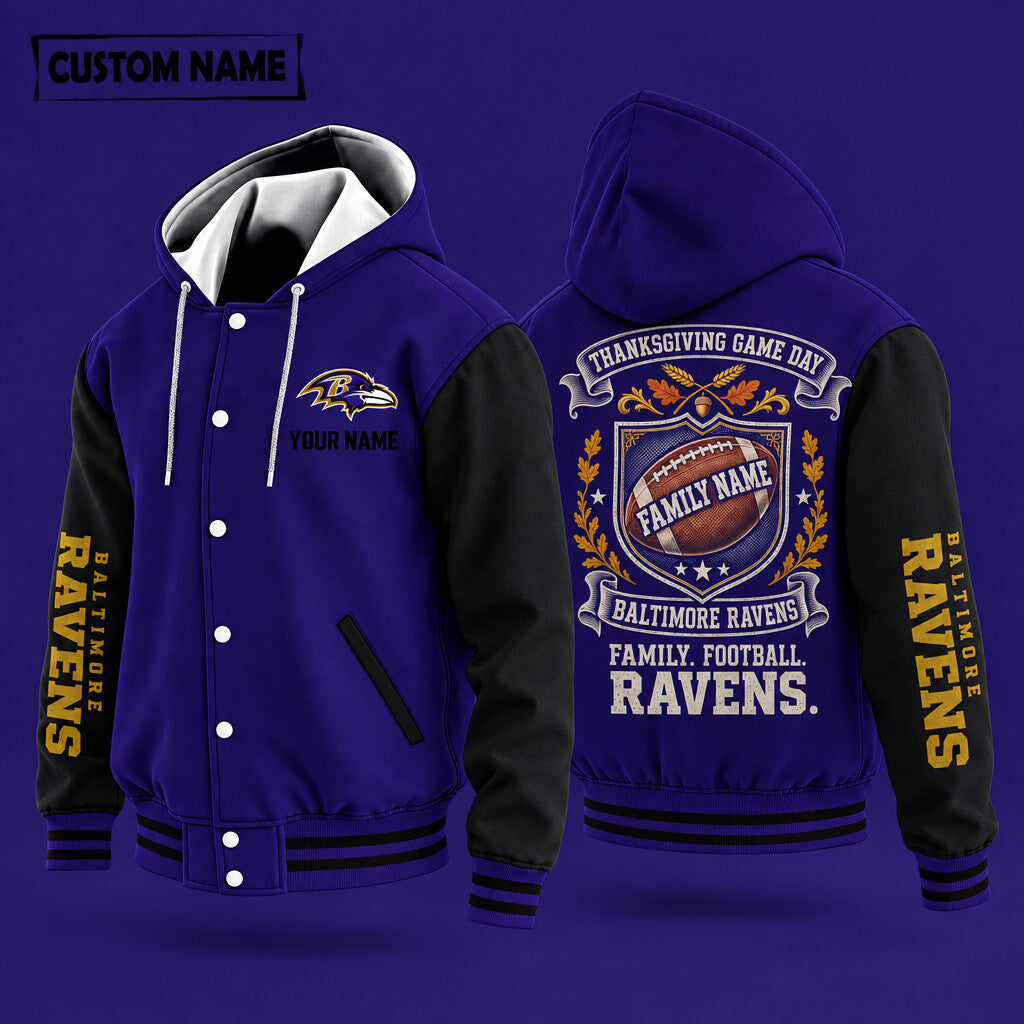 Baltimore Ravens Thanksgiving Game Day Family Hooded Letterman Jacket