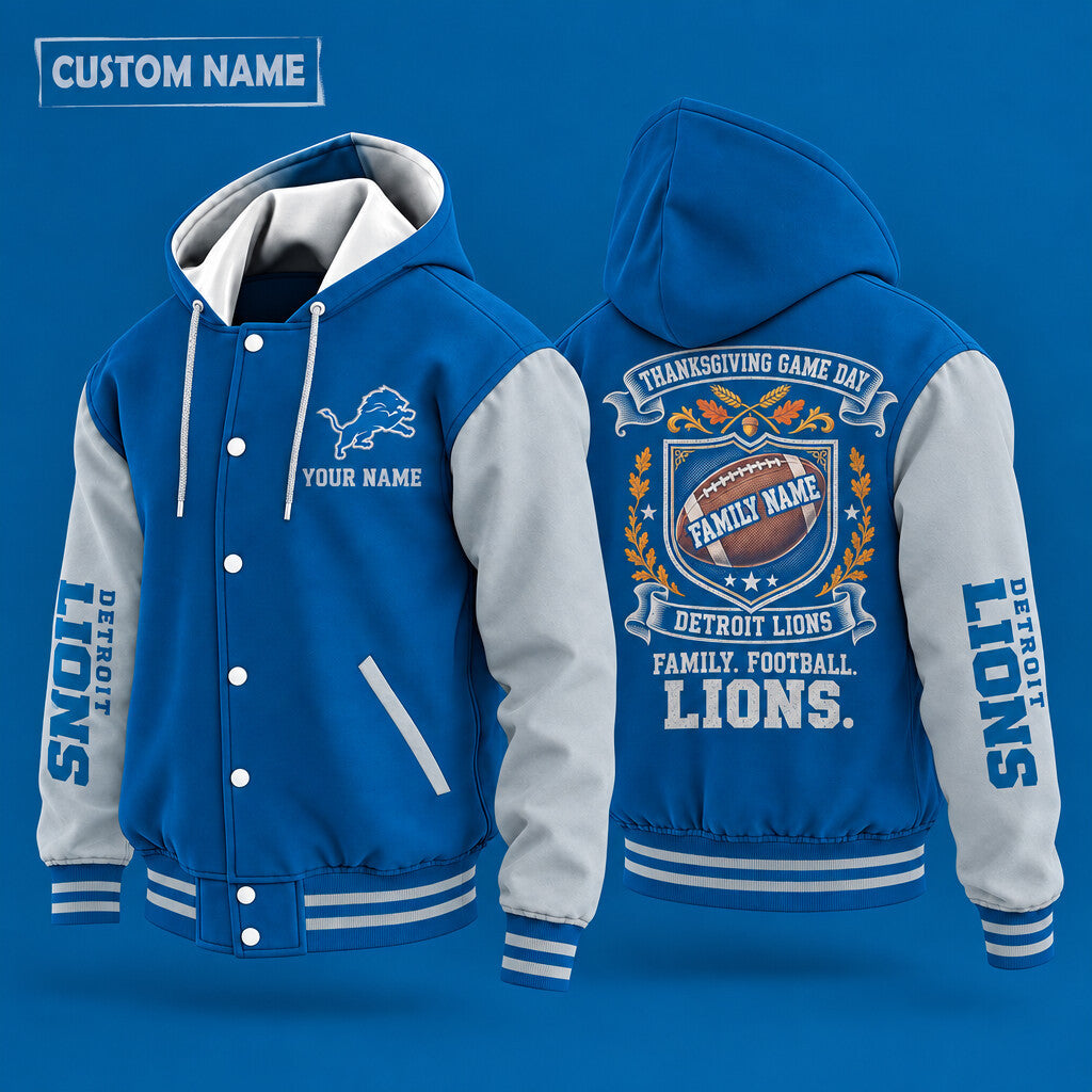 Detroit Lions Thanksgiving Game Day Family Hooded Letterman Jacket Cus