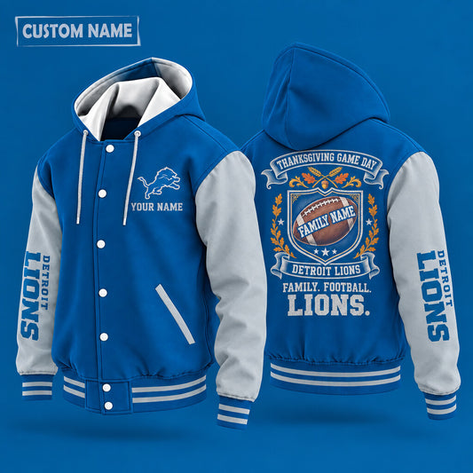 Detroit Lions Thanksgiving Game Day Family Hooded Letterman Jacket Cus