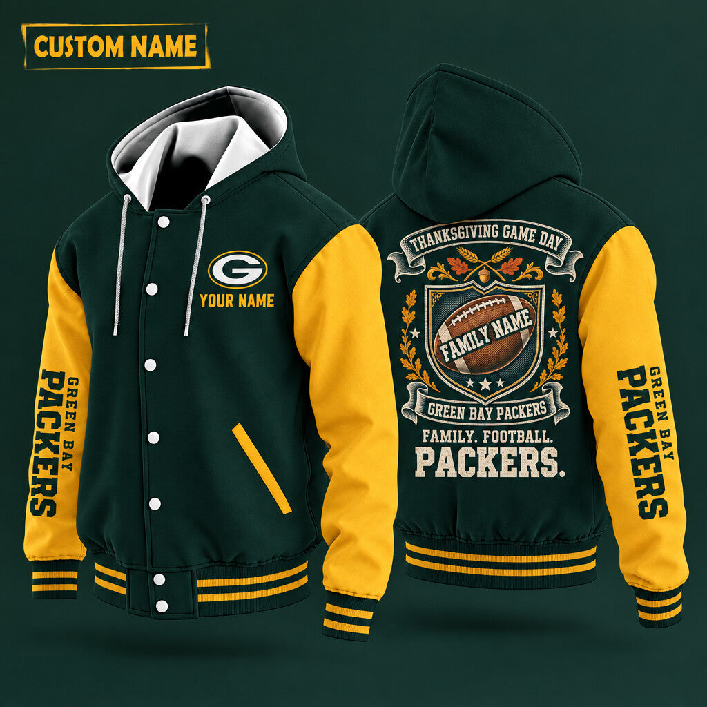 Green Bay Packers Thanksgiving Game Day Family Hooded Letterman Jacket
