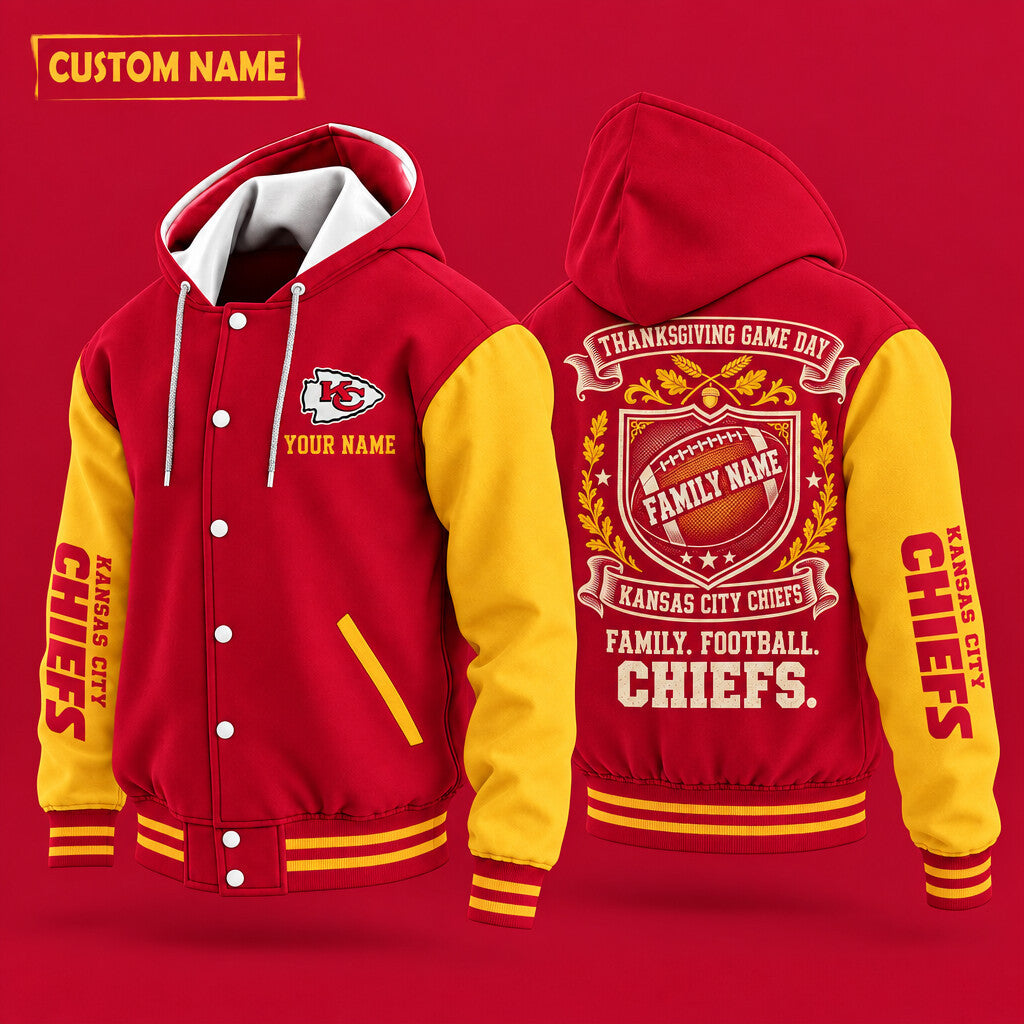 Kansas City Chiefs Thanksgiving Game Day Family Hooded Letterman Jacket Custom Name Pwnfwa