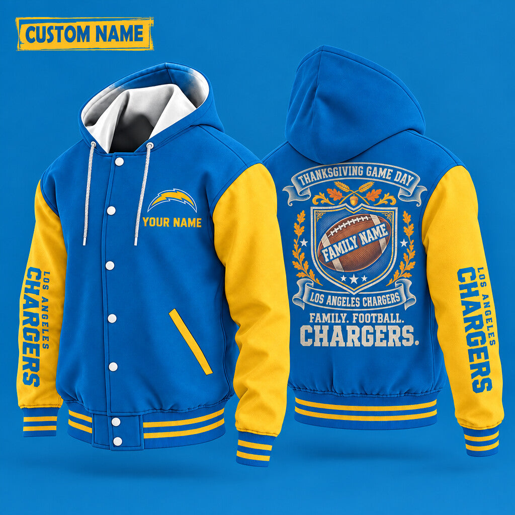 Los Angeles Chargers Thanksgiving Game Day Family Hooded Letterman Jacket Custom Name Pr4t92