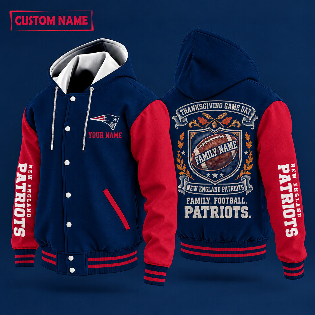New England Patriots Thanksgiving Game Day Family Hooded Letterman Jacket Custom Name Pziytd