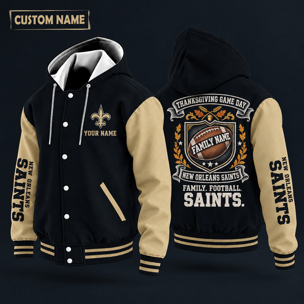 New Orleans Saints Thanksgiving Game Day Family Hooded Letterman Jacket Custom Name Phtgor