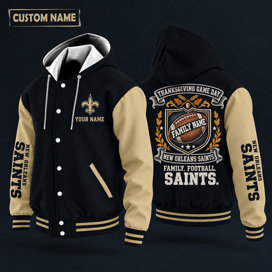 New Orleans Saints Thanksgiving Game Day Family Hooded Letterman Jacket Custom Name Phtgor