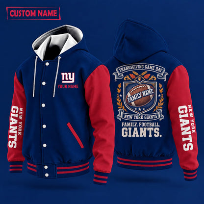New York Giants Thanksgiving Game Day Family Hooded Letterman Jacket Custom Name Pkq3bm