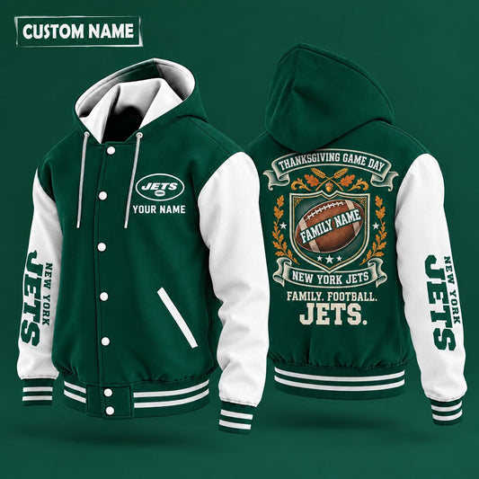 New York Jets Thanksgiving Game Day Family Hooded Letterman Jacket Custom Name Pretnw