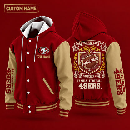San Francisco 49ers Thanksgiving Game Day Family Hooded Letterman Jacket Custom Name Pgd979