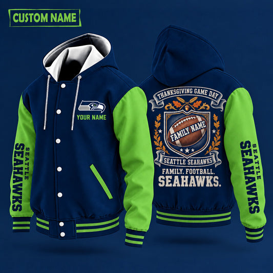 Seattle Seahawks Thanksgiving Game Day Family Hooded Letterman Jacket Custom Name Pd8371