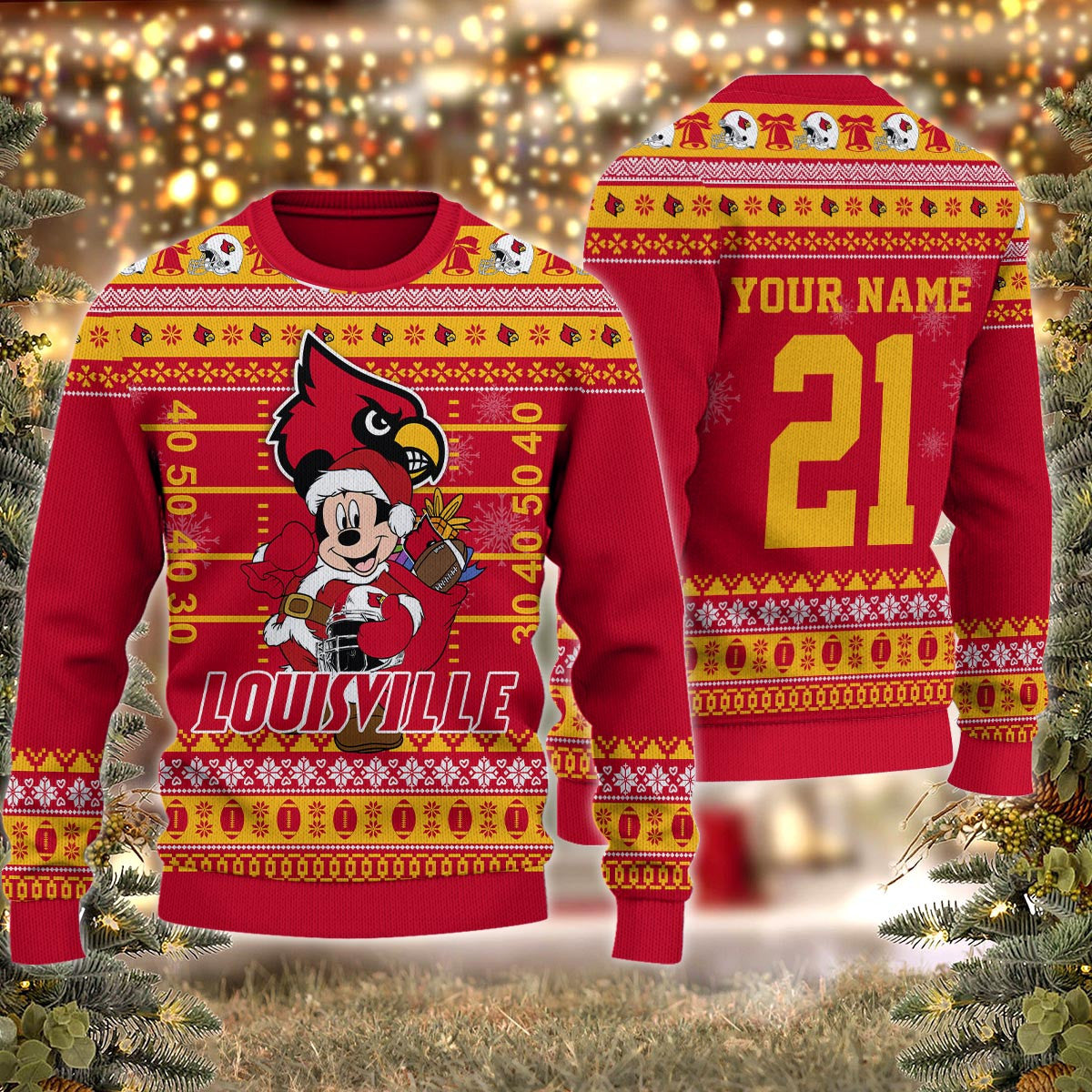 Louisville Cardinals Mickey Mouse Santa Ugly Christmas Sweater