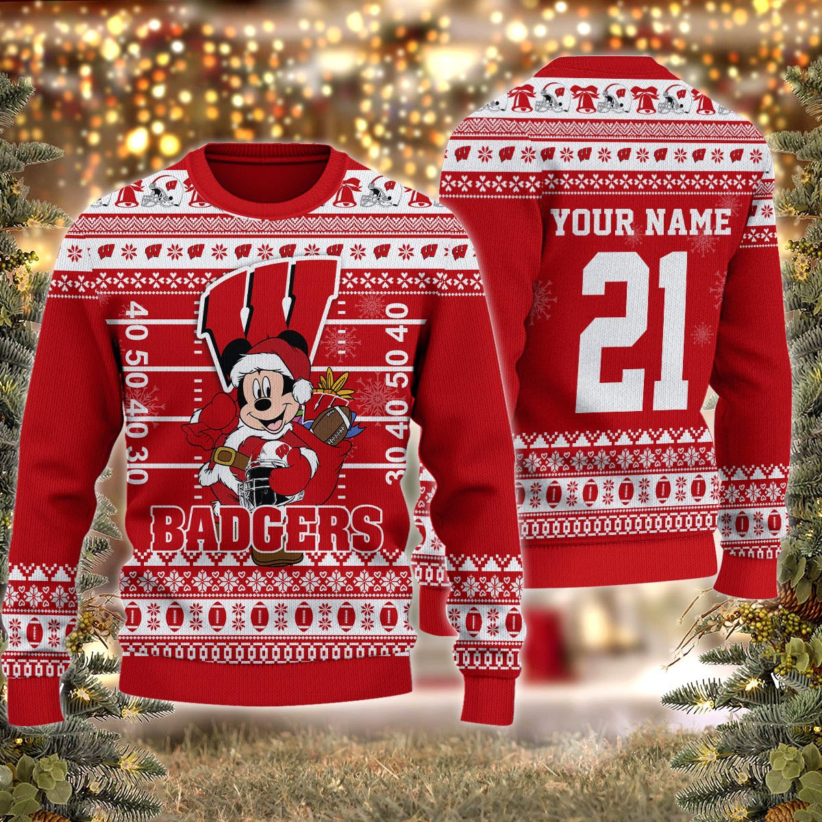Wisconsin Badgers Mickey Mouse Santa Ugly Christmas Sweater