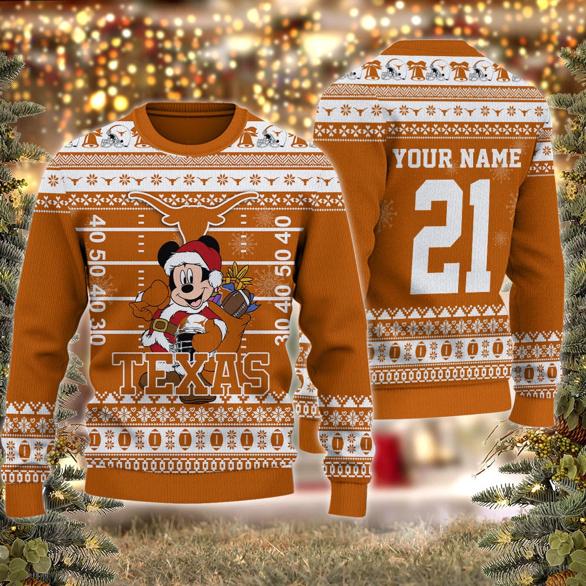 Texas Longhorns Mickey Mouse Santa Ugly Christmas Sweater