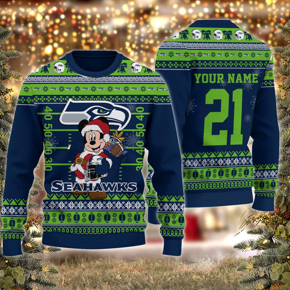 Seattle Seahawks Mickey Mouse Santa Ugly Christmas Sweater