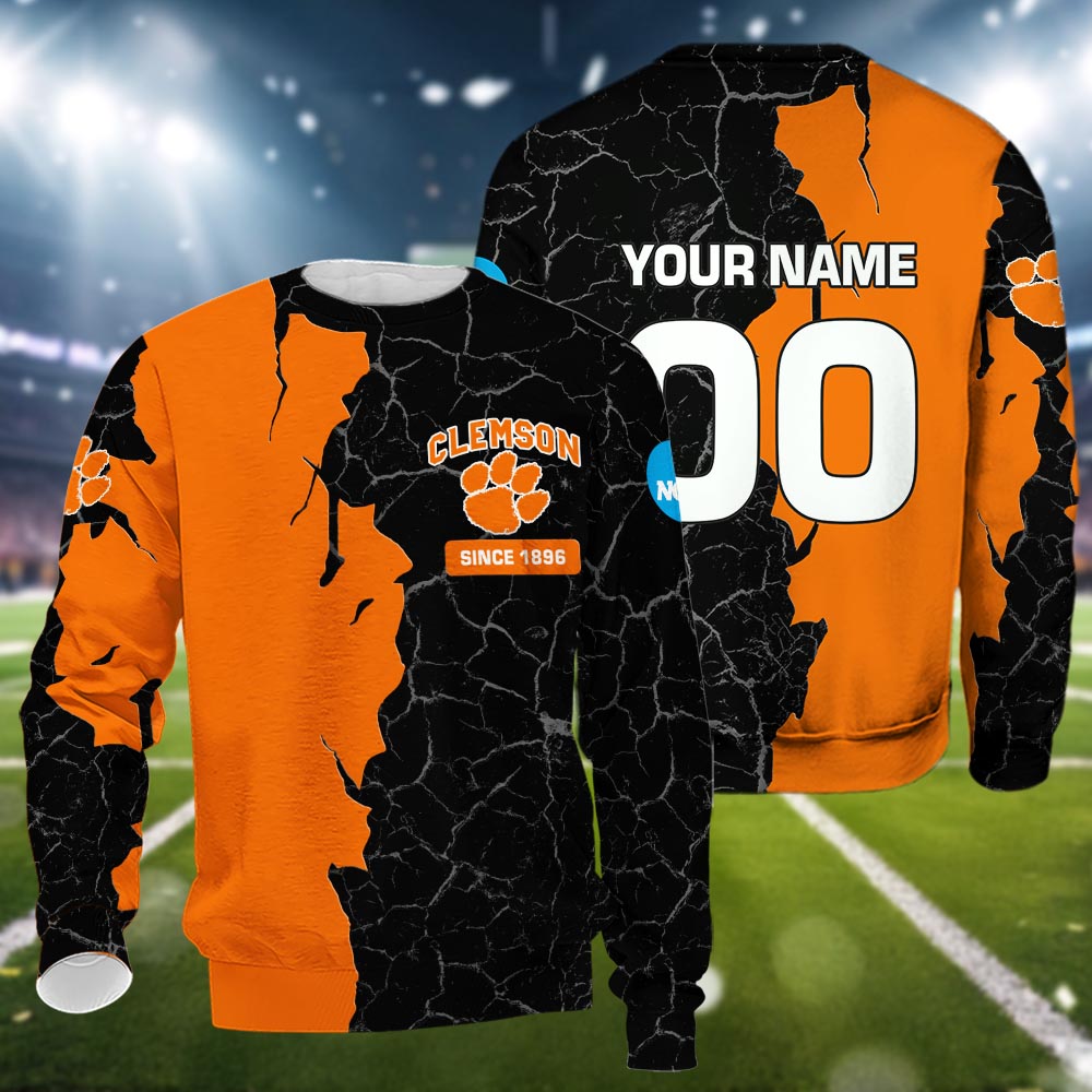 Clemson Tigers 3d Cracked Design Personalized Apparel