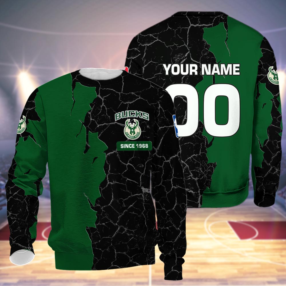 Milwaukee Bucks 3d Cracked Design Personalized Apparel