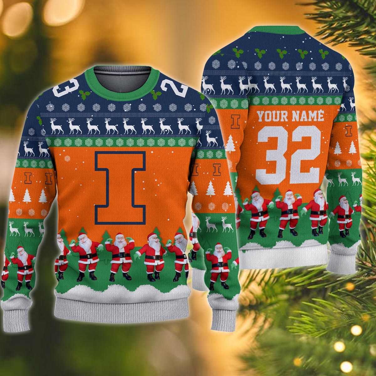 Illinois Fighting Illini Personalized Christmas Ugly Sweater