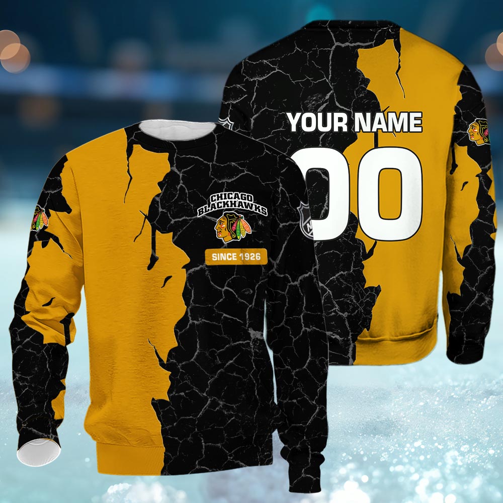 Chicago Blackhawks 3d Cracked Design Personalized Apparel
