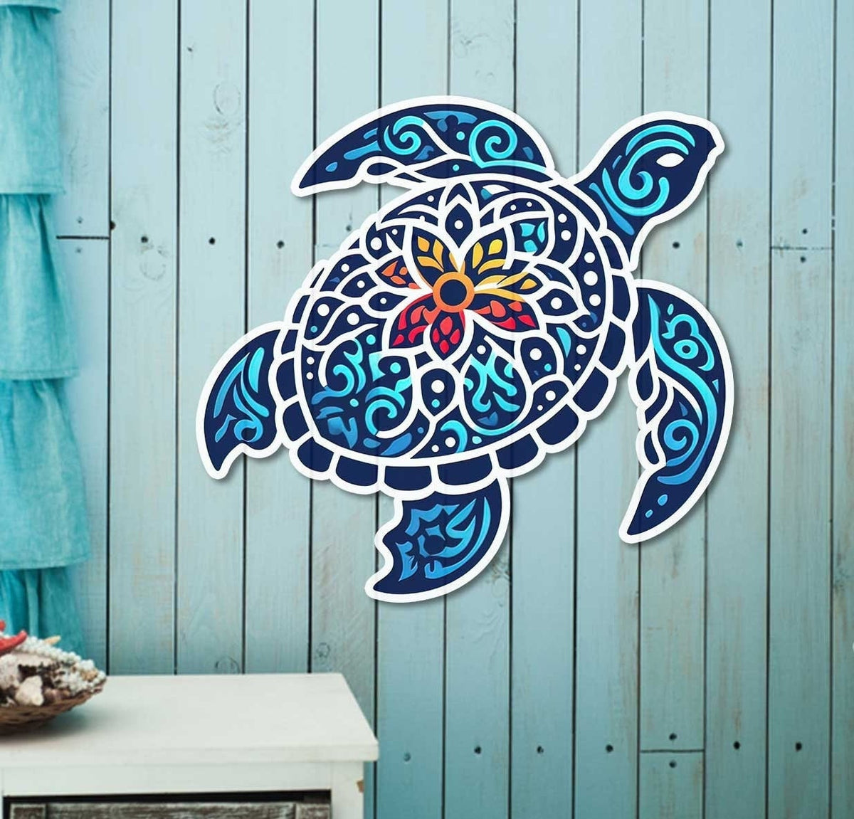 Sea Turtle Metal Wall Art – Blue Mandala Coastal Ocean Decor, Gift For Beach House Or Housewarming