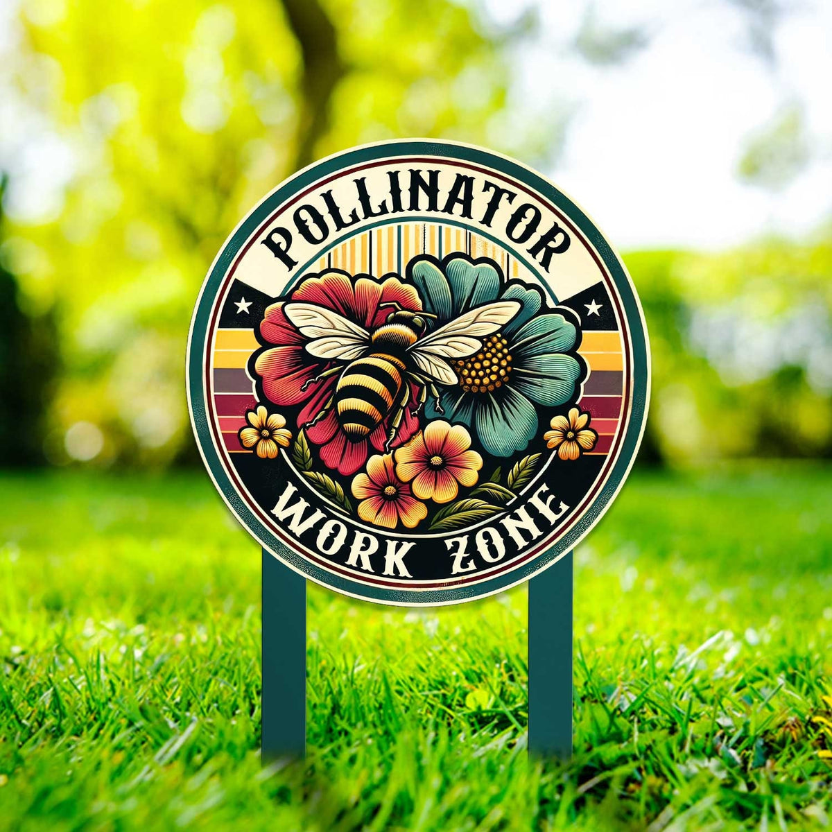 Pollinator Work Zone Metal Yard Sign – Retro Bee & Flower Garden Stake, Gardener Gift