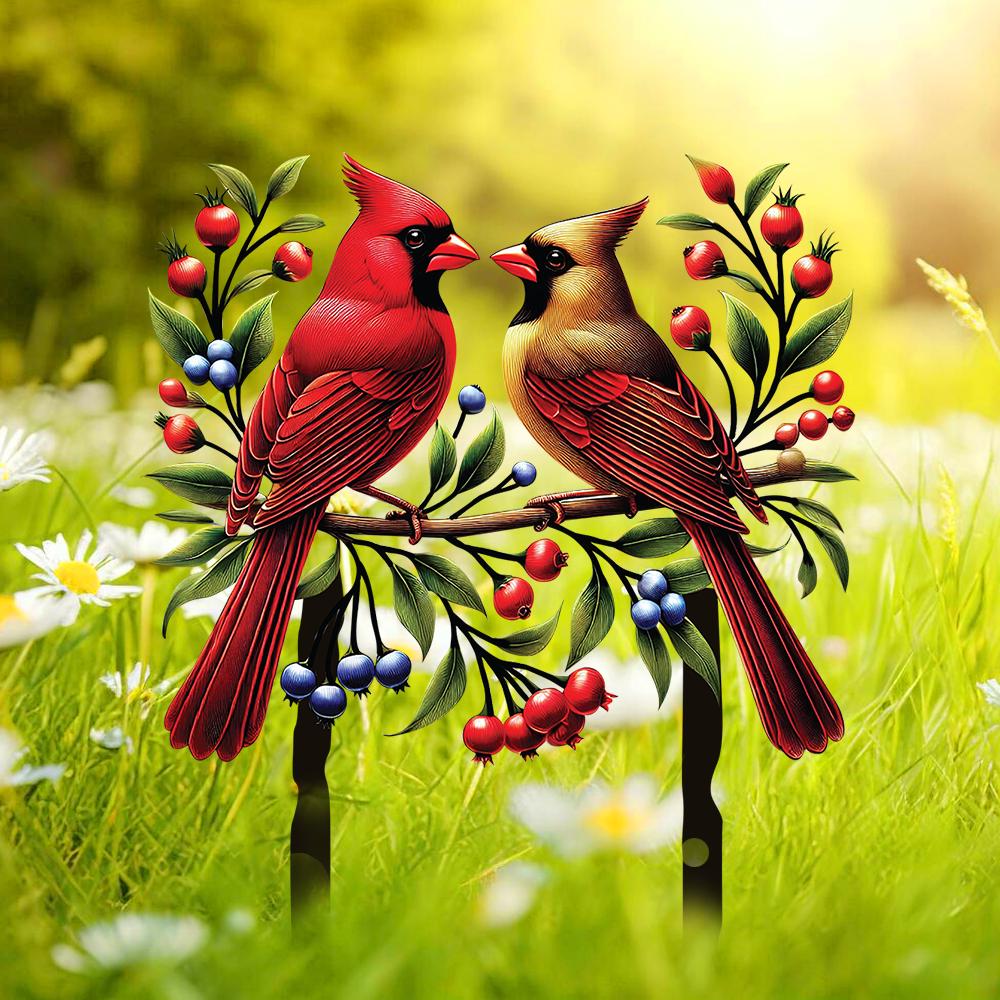 Cardinal Pair Garden Metal Sign With Stakes – Songbird Berry Branch Yard Art, Gift For Mom