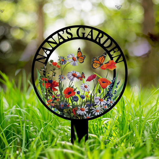 Personalized Garden Metal Yard Stake – Custom Name Wildflower And Butterfly Sign, Housewarming Gift For Gardener