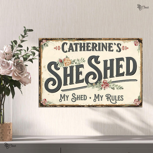 Personalized She Shed Metal Sign – Custom Name Vintage Floral Plaque, Gift For Her Mom Cave Or Craft Room