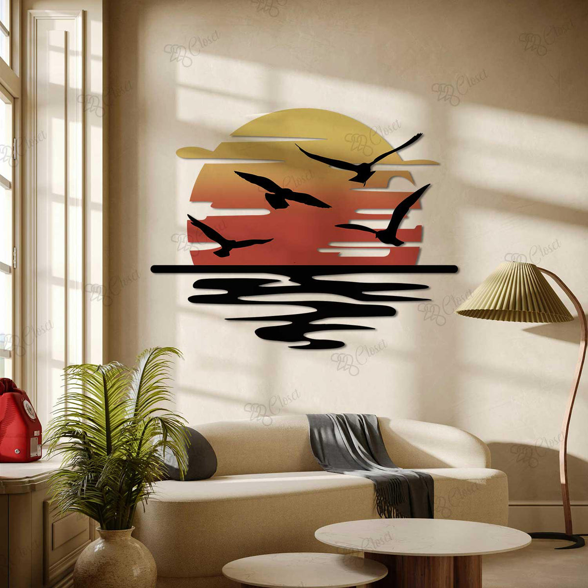 Sunset Seagulls Metal Wall Art – Ocean Horizon Silhouette Beach House Decor