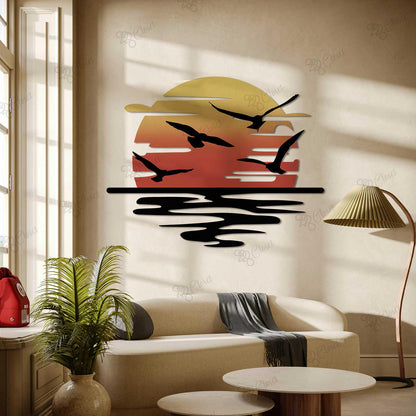 Sunset Seagulls Metal Wall Art – Ocean Horizon Silhouette Beach House Decor