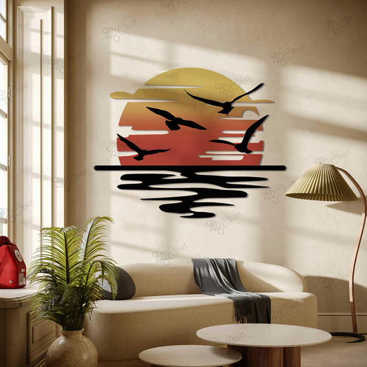Sunset Seagulls Metal Wall Art – Ocean Horizon Silhouette Beach House Decor