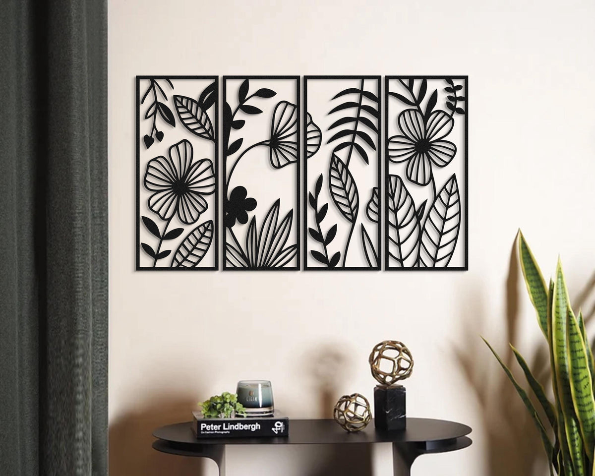4-panel Floral Metal Wall Art, Botanical Multi-panel Sculpture, Modern Garden Wall Decor For Living Room & Hallway Accent