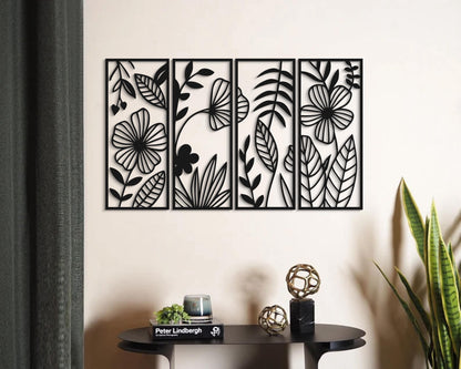 4-panel Floral Metal Wall Art, Botanical Multi-panel Sculpture, Modern Garden Wall Decor For Living Room & Hallway Accent