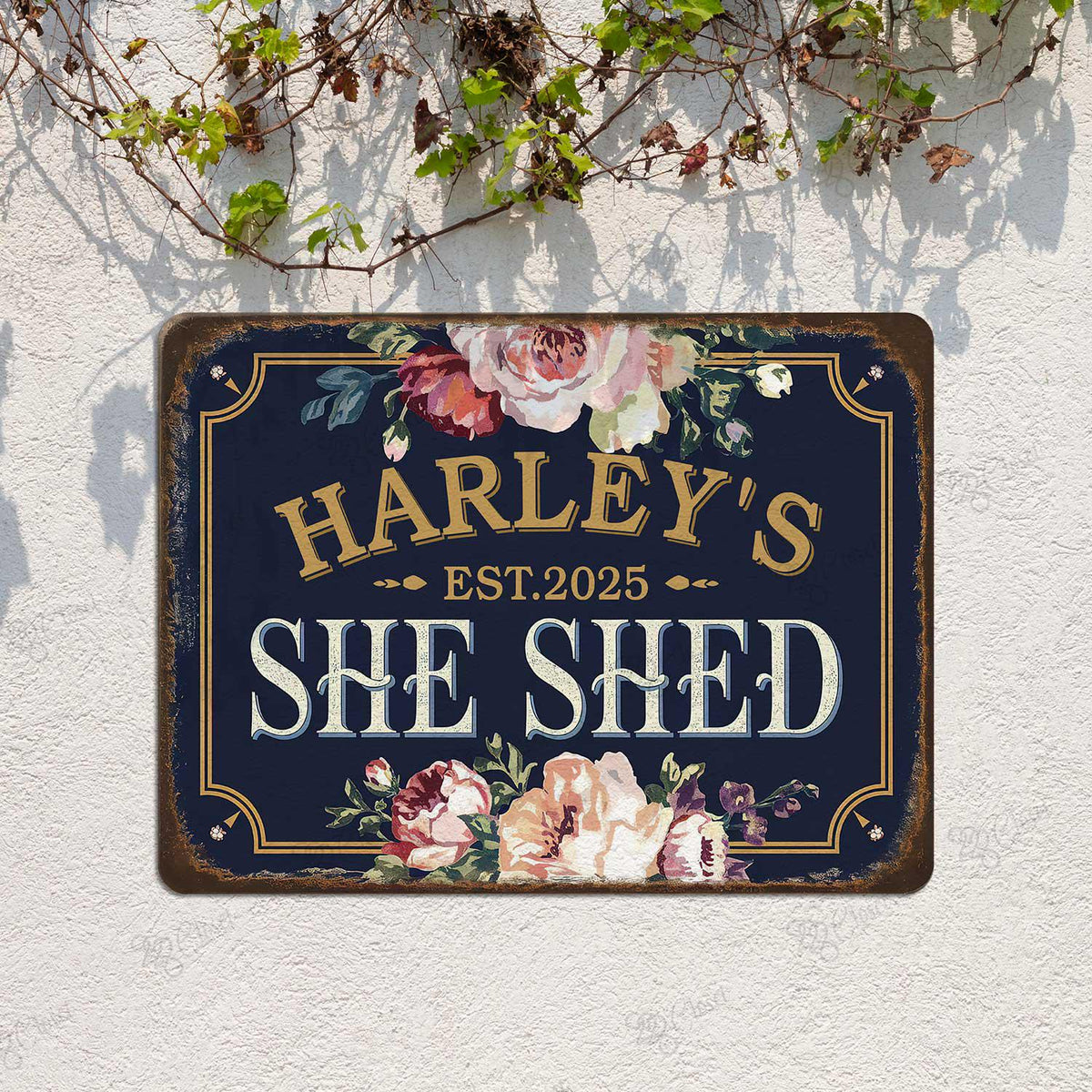 Personalized She Shed Metal Sign – Custom Name And Est Year Navy Floral Plaque, Gift For Her Craft Room Or Garden Shed