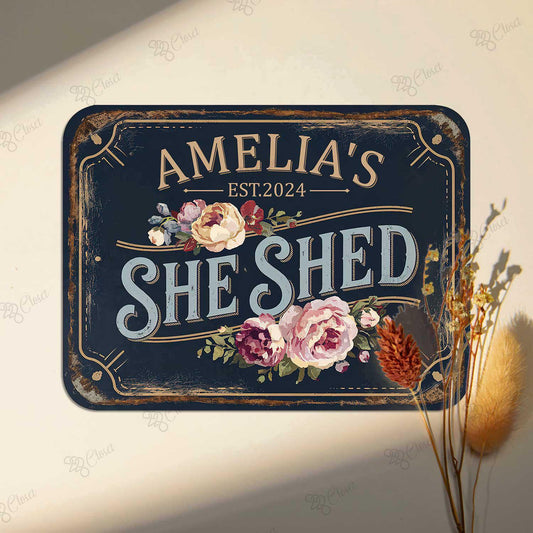 Personalized She Shed Metal Sign – Custom Name Vintage Floral Wall Plaque, Gift For Her Mom Cave Or She Shed