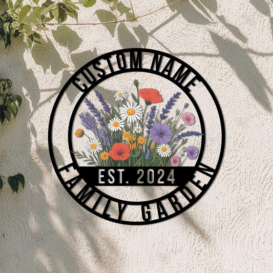 Personalized Family Garden Metal Sign – Custom Name And Est Year Wildflower Plaque, Gift For Gardener