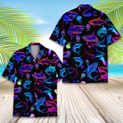 Neon Shark Print Hawaiian Shirt — Unisex Aloha Button-Down
