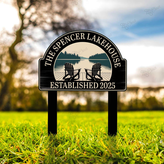 Personalized Lake House Name Sign – Custom Established Date Metal Yard Stake, Gift For Lake House Or Cabin Owner