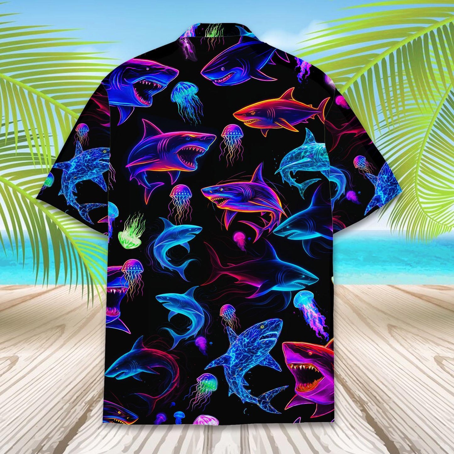 Neon Shark Print Hawaiian Shirt — Unisex Aloha Button-Down