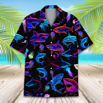 Neon Shark Print Hawaiian Shirt — Unisex Aloha Button-Down