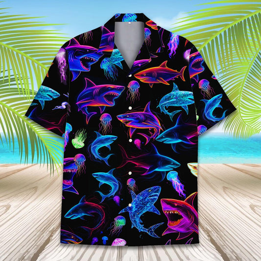 Neon Shark Print Hawaiian Shirt — Unisex Aloha Button-Down