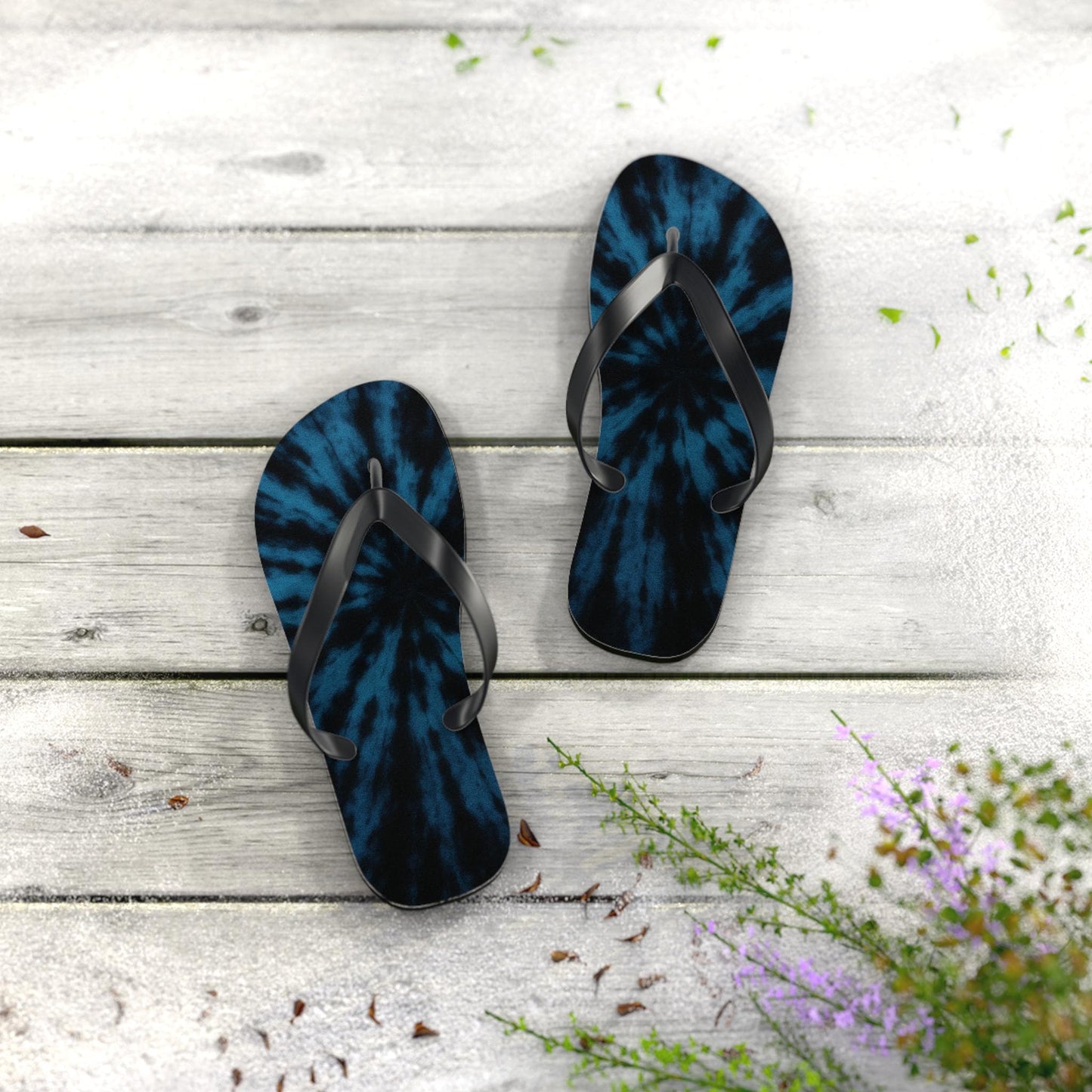 Blue Black Tie Dye Flip Flops — Boho Spiral Beach Sandals