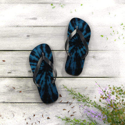 Blue Black Tie Dye Flip Flops — Boho Spiral Beach Sandals