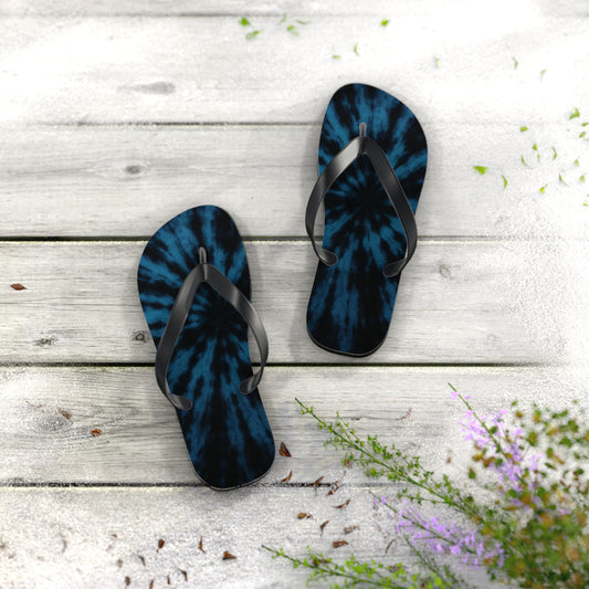 Blue Black Tie Dye Flip Flops — Boho Spiral Beach Sandals