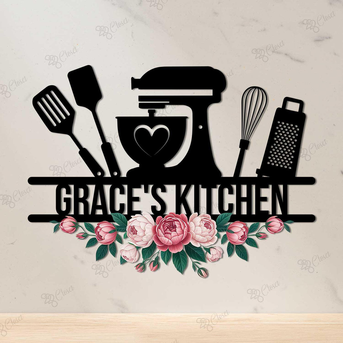 Personalized Kitchen Name Sign – Custom Floral Baking Utensils Metal Wall Decor, Gift For Baker Or Home Chef