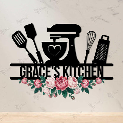 Personalized Kitchen Name Sign – Custom Floral Baking Utensils Metal Wall Decor, Gift For Baker Or Home Chef
