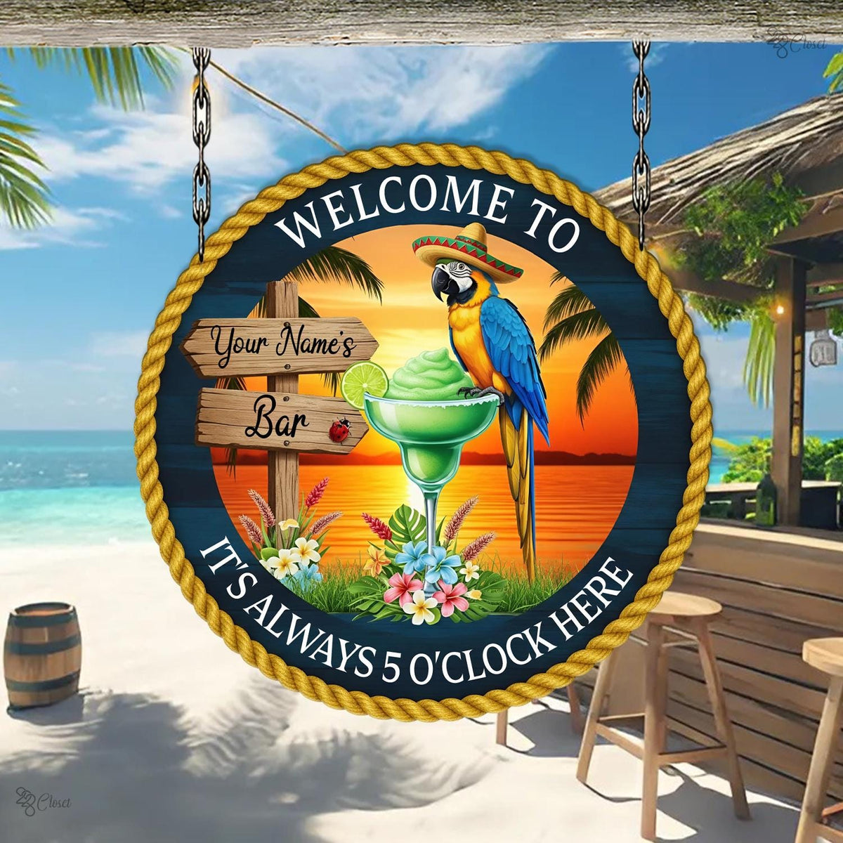 Personalized Tiki Bar Sign – Custom Name Parrot & Sunset Round Wall Decor, Gift For Beach Bar Lovers