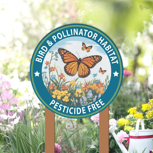 Bird And Pollinator Habitat Garden Sign – Pesticide Free Butterfly Yard Stake, Gift For Gardener Or Mom
