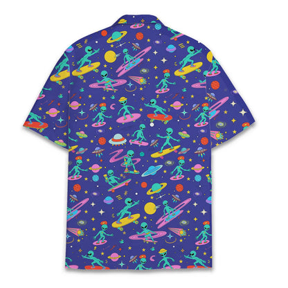 Surfing Alien Hawaiian Shirt — Funny UFO Beach Aloha Button-Down