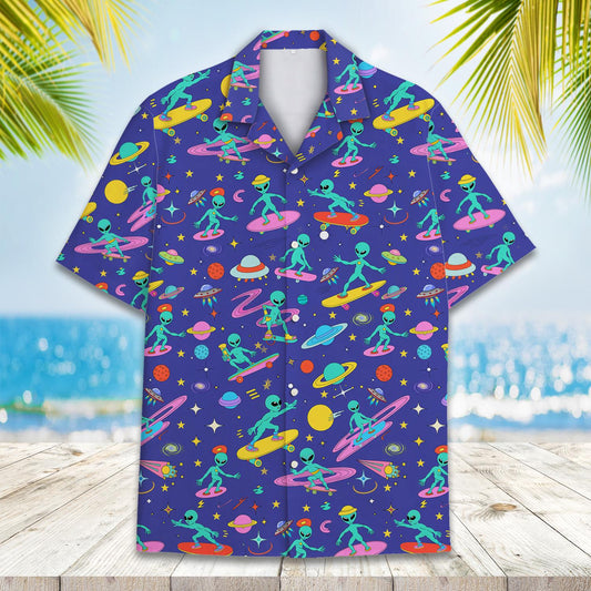 Surfing Alien Hawaiian Shirt — Funny UFO Beach Aloha Button-Down