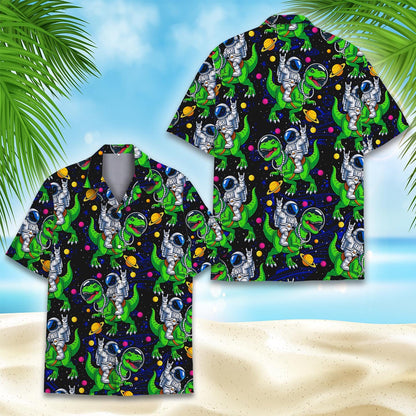 Astronaut Dinosaur Hawaiian Shirt — Funny Space T-Rex Aloha Button-Down