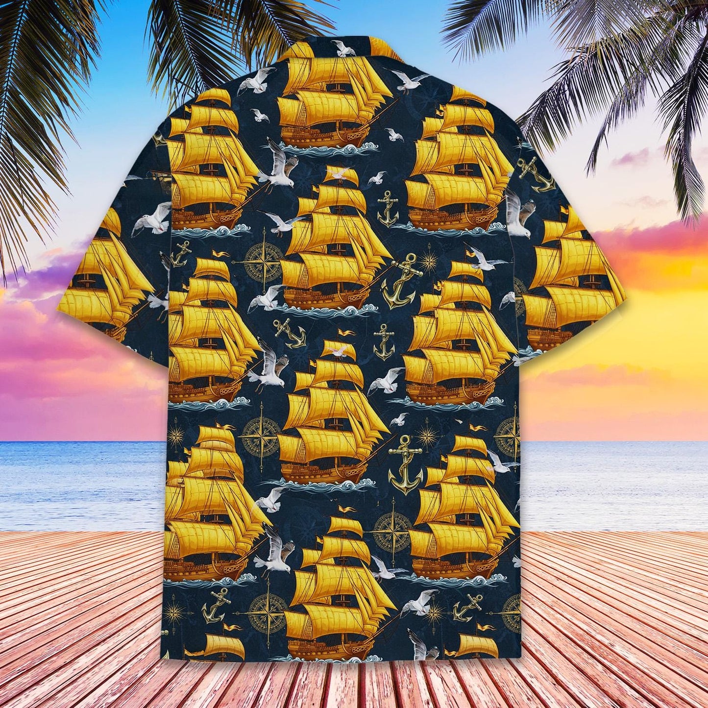 Vintage Pirate Ship Hawaiian Shirt — Nautical Ocean Aloha Button-Down